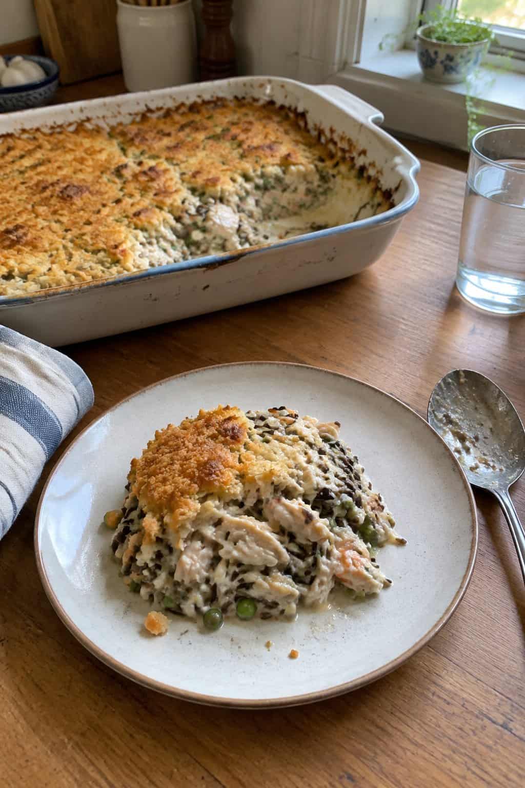 A serving of creamy chicken and wild rice casserole on a plate beside the baking dish.
