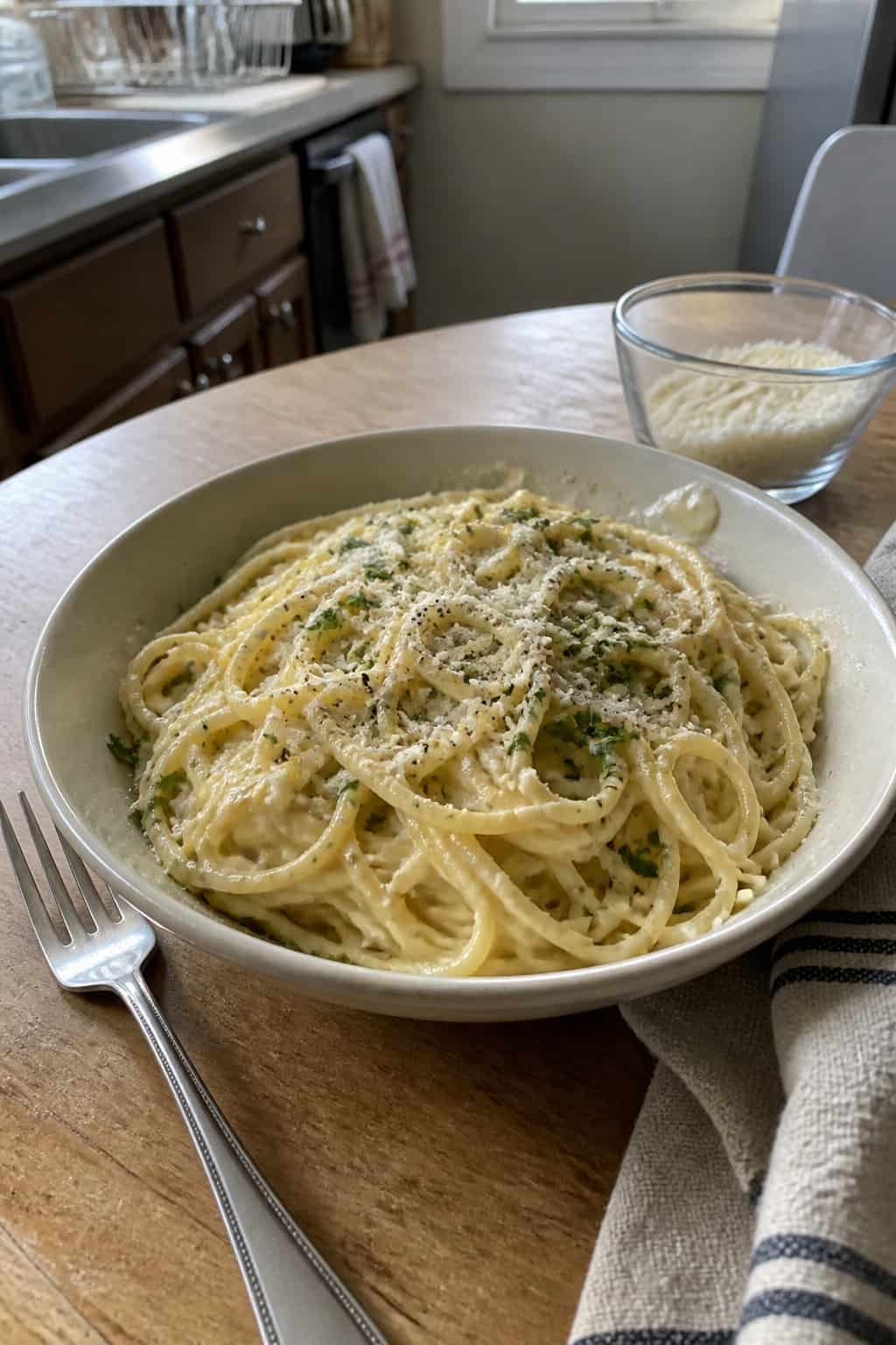 17 Pasta Dinners That Feel Fancy But Use Pantry Staples 2 A bowl of creamy garlic Parmesan spaghetti with visible cracked black pepper, sitting beside a folded cloth napkin