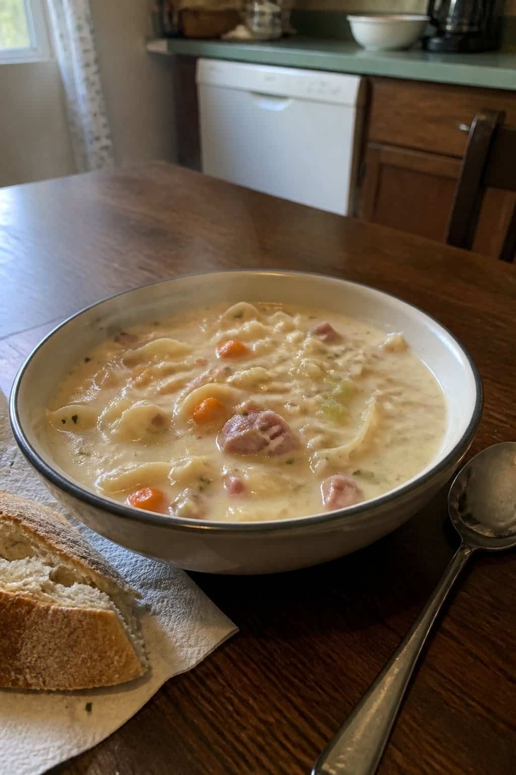 Ham Soup Recipes for Chilly Nights 15 A bowl of creamy ham and noodle soup with vegetables on a kitchen table.