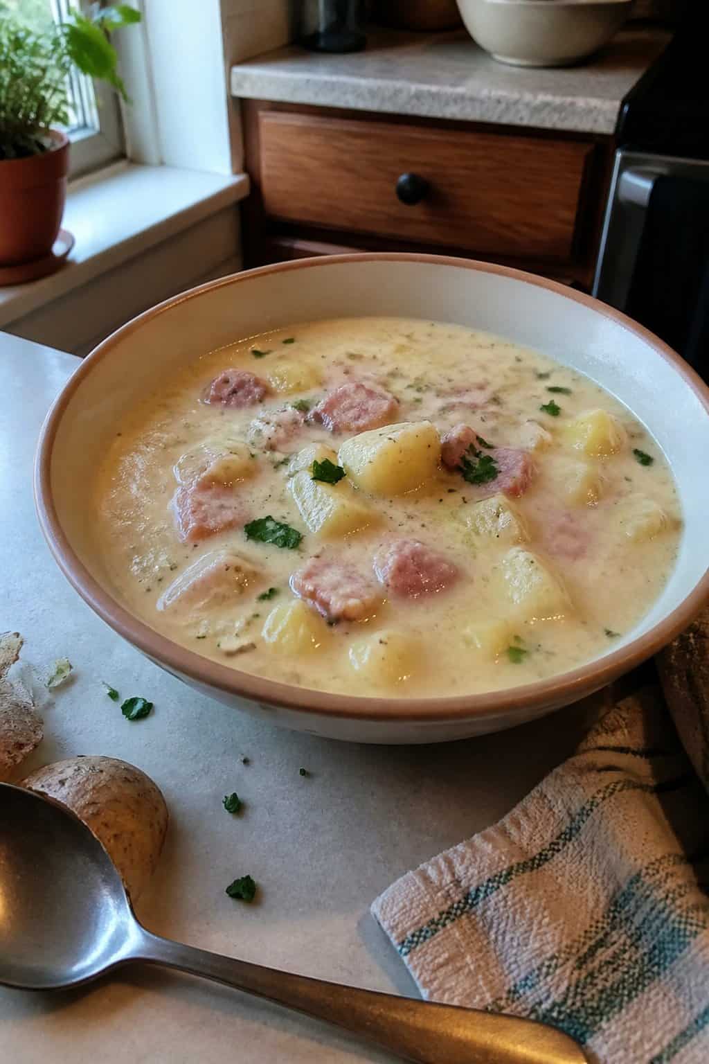 Ham Soup Recipes for Chilly Nights 5 A bowl of creamy potato and ham soup on a kitchen table.