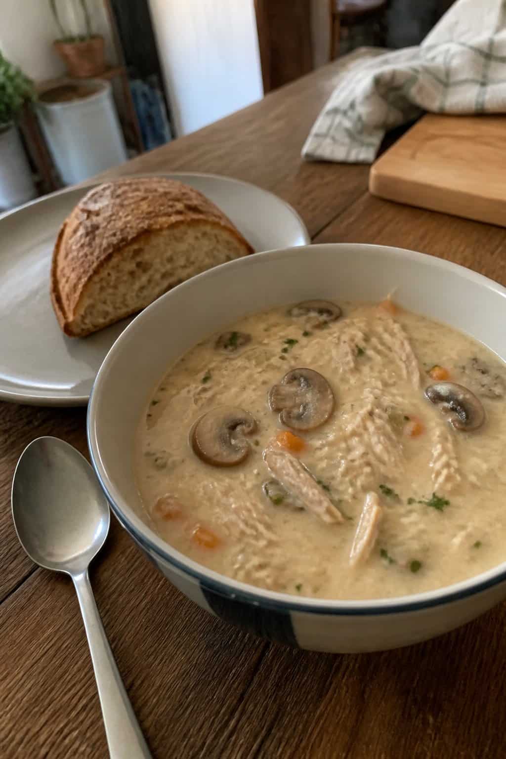25 Turkey Soup Recipes That Make the Whole House Smell Amazing 19 A bowl of creamy turkey mushroom soup with bread on a kitchen table.