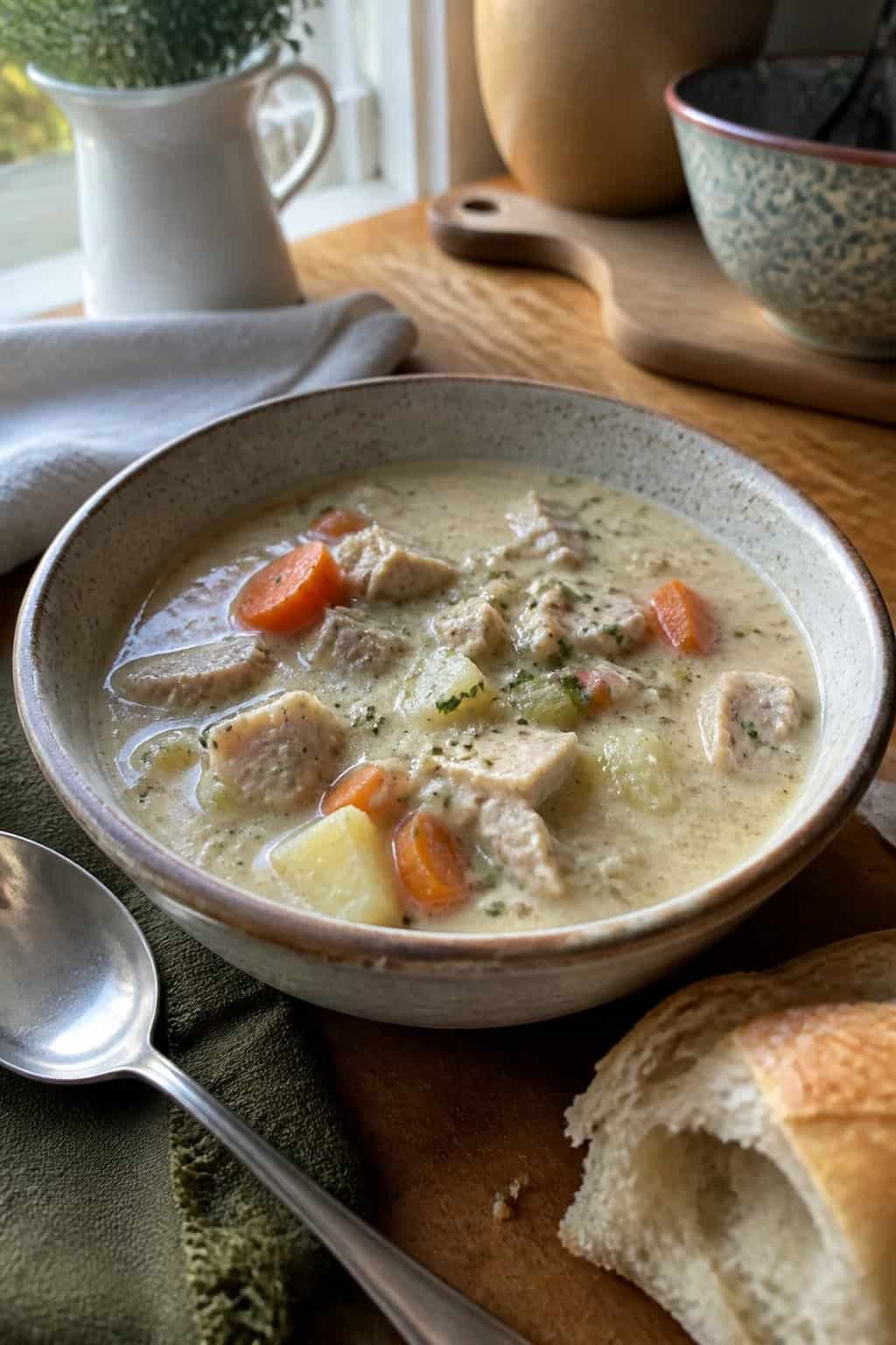 25 Turkey Soup Recipes That Make the Whole House Smell Amazing 3 A bowl of creamy turkey and potato soup with vegetables and herbs sits on a kitchen table beside crusty bread.
