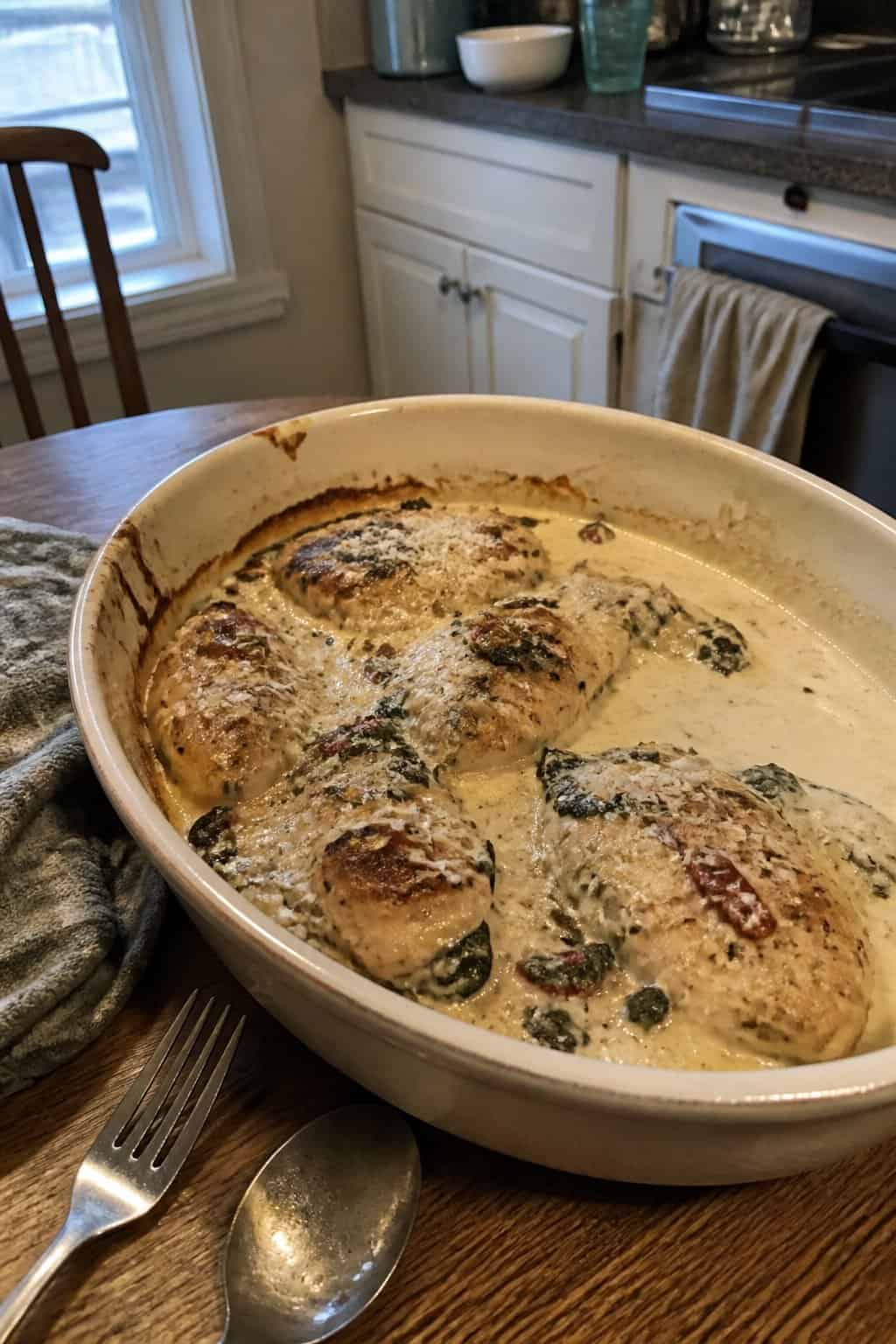 A homemade creamy chicken casserole with spinach and sun-dried tomatoes in a ceramic baking dish on a kitchen table.