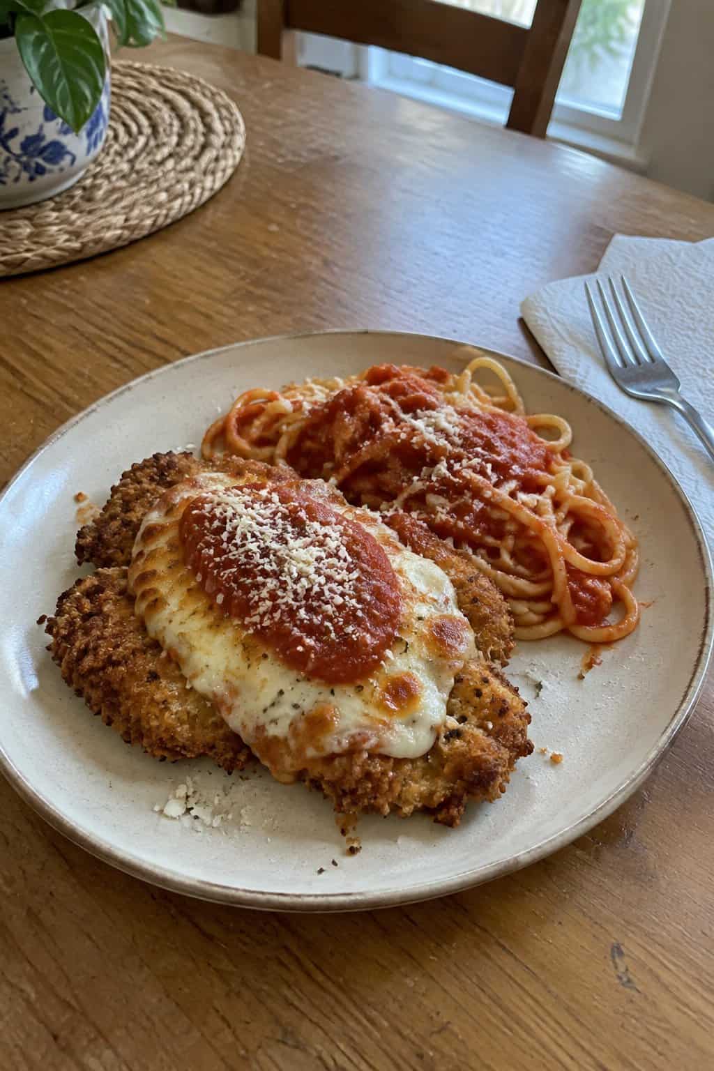 A crispy chicken Parmesan cutlet with melted cheese and tomato sauce served with pasta.