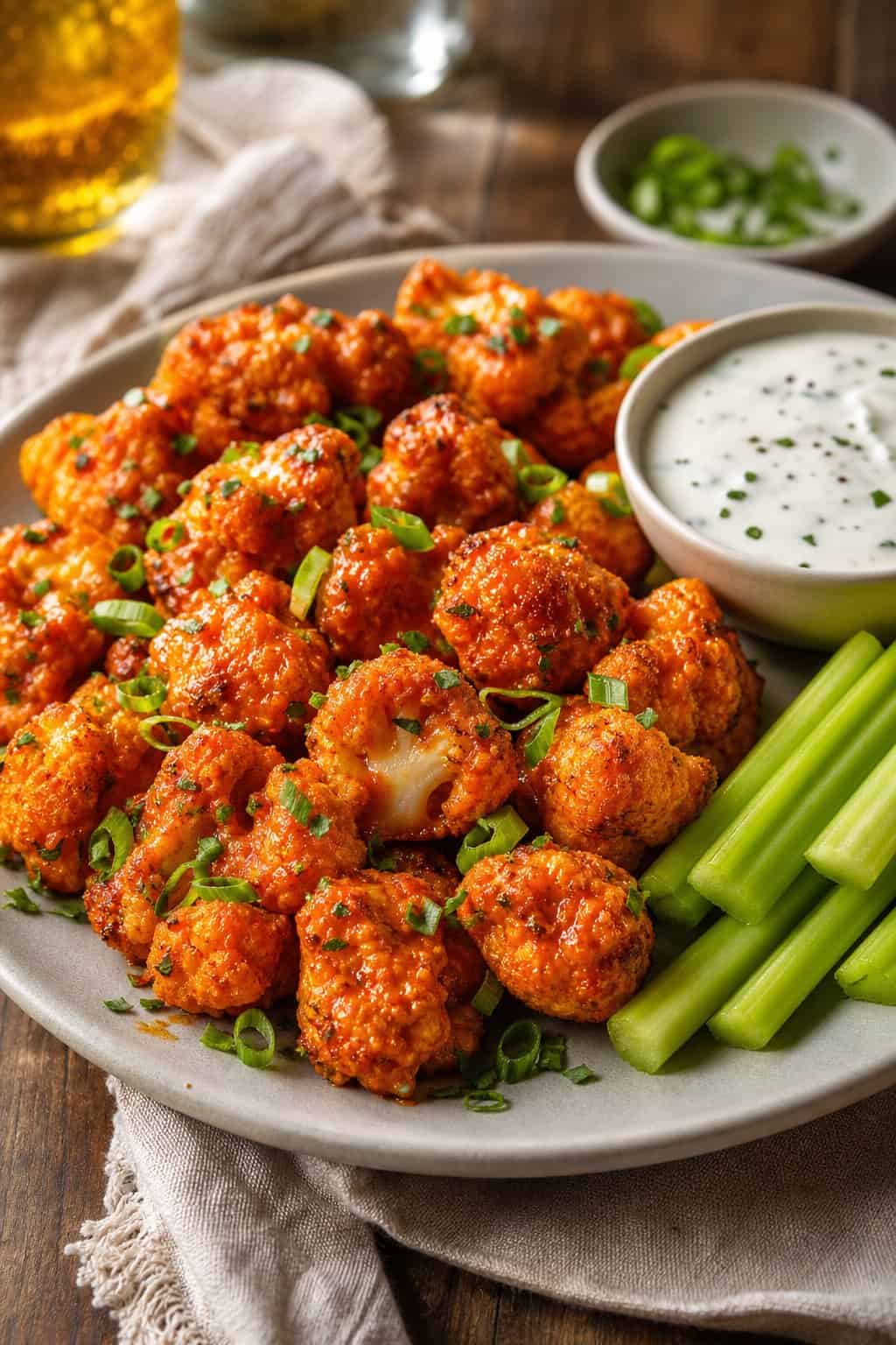 Crispy buffalo cauliflower bites with vegan ranch dip and celery on a serving platter.