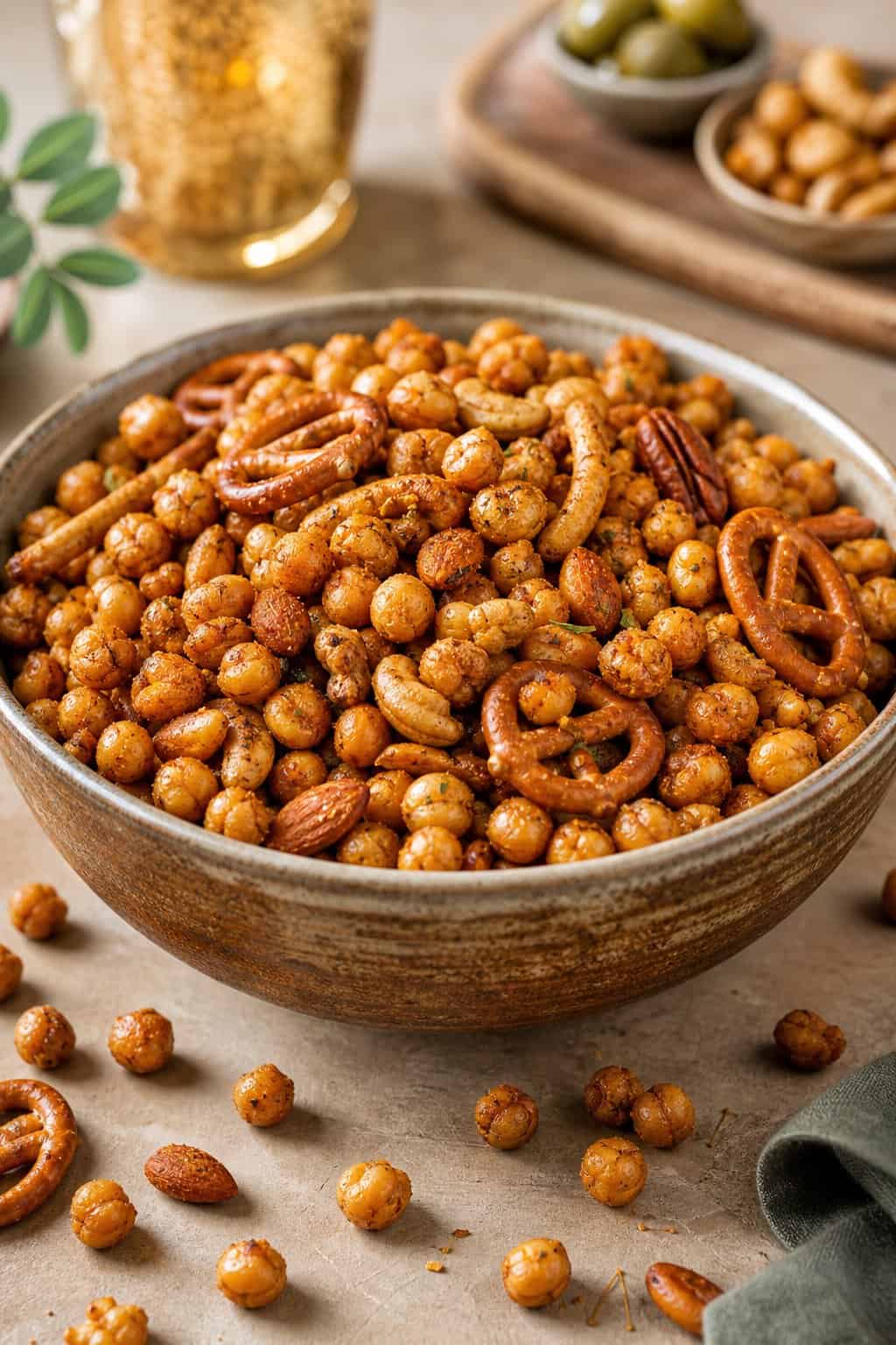A bowl of crispy roasted chickpea snack mix with pretzels and nuts on a tabletop.