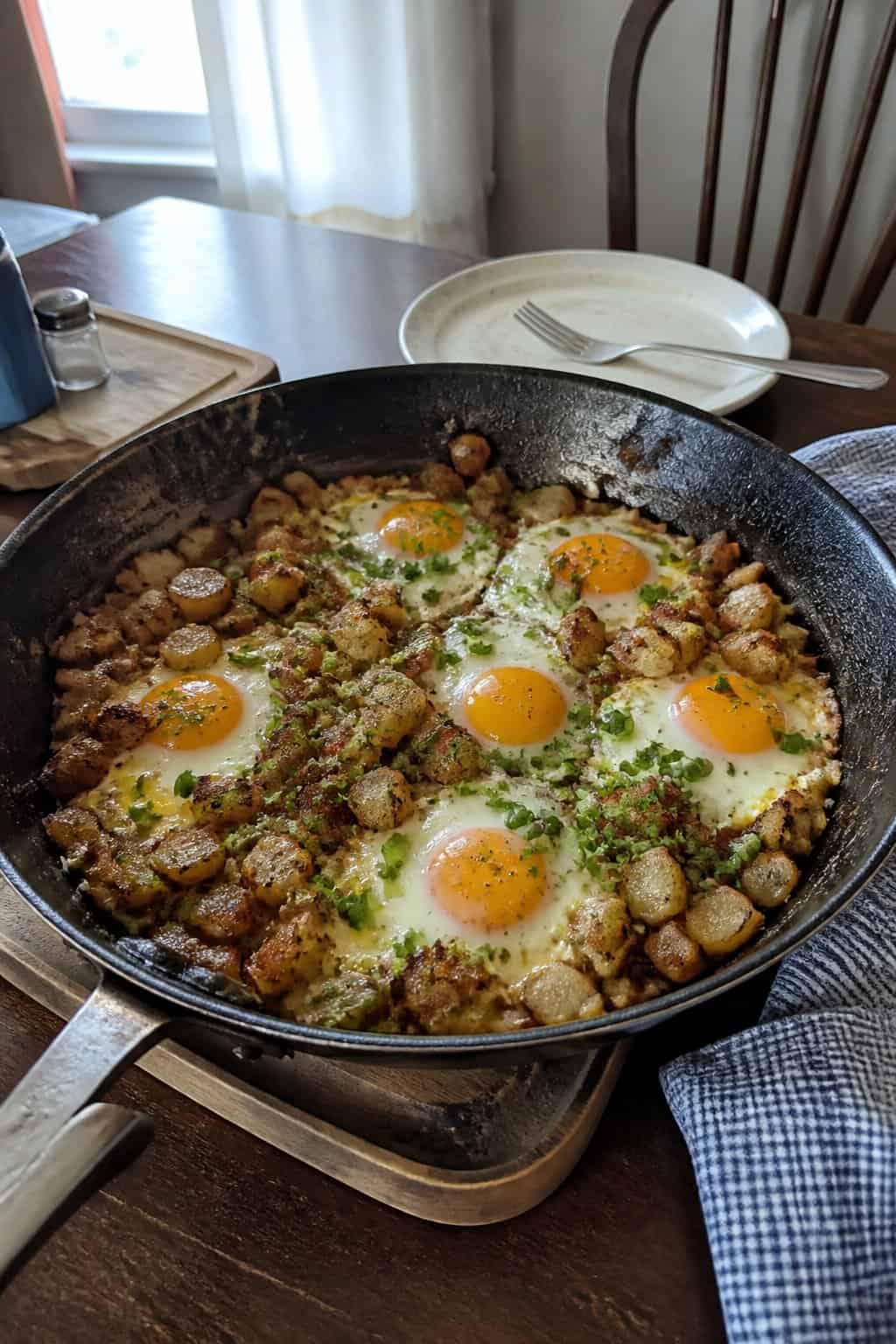 17 Budget Dinners That Use What You Already Bought 2 A cast-iron skillet of crispy diced potatoes topped with fried eggs, yolks still soft.