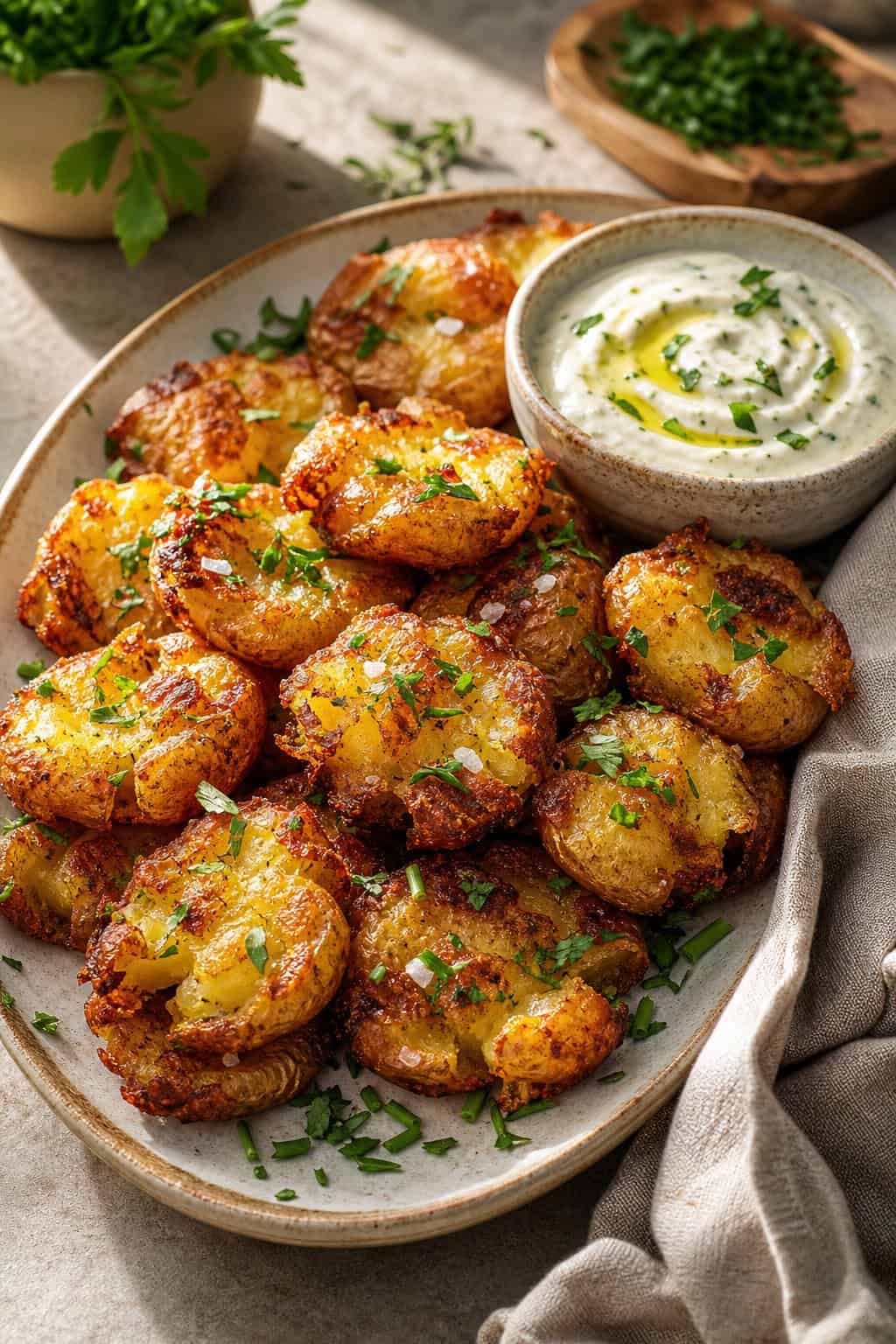 Vegan Appetizers That Disappear Fast at Parties 8 Golden crispy smashed potato bites garnished with herbs and served with a bowl of creamy dipping sauce.