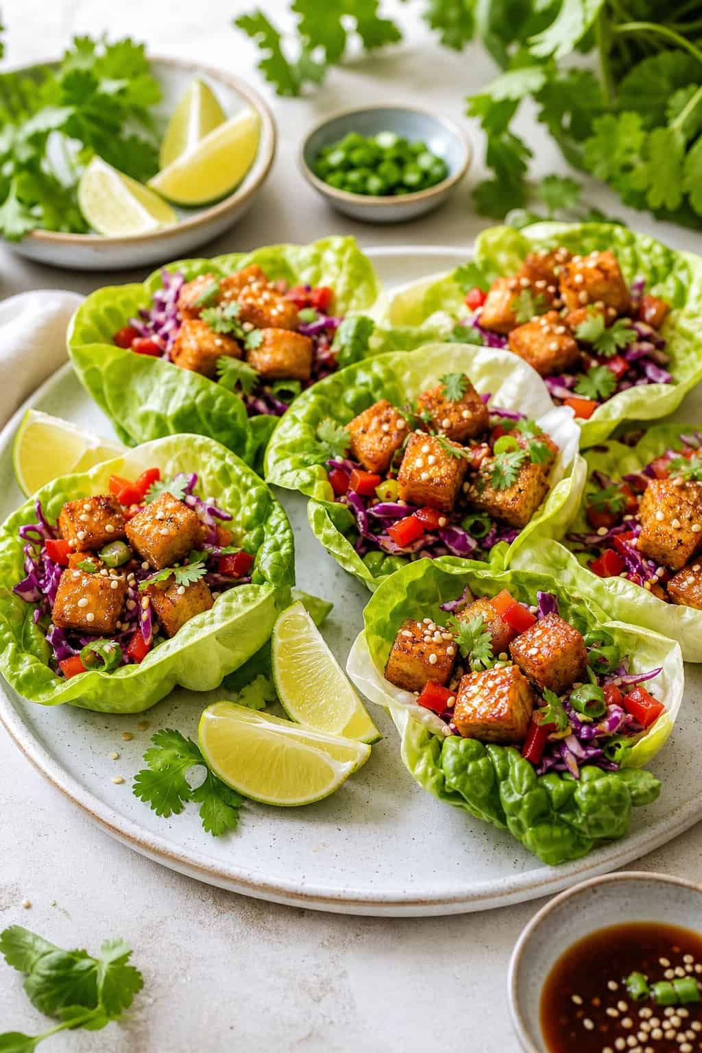 Crispy tofu lettuce cups filled with colorful vegetables and garnished with lime and herbs on a serving platter.