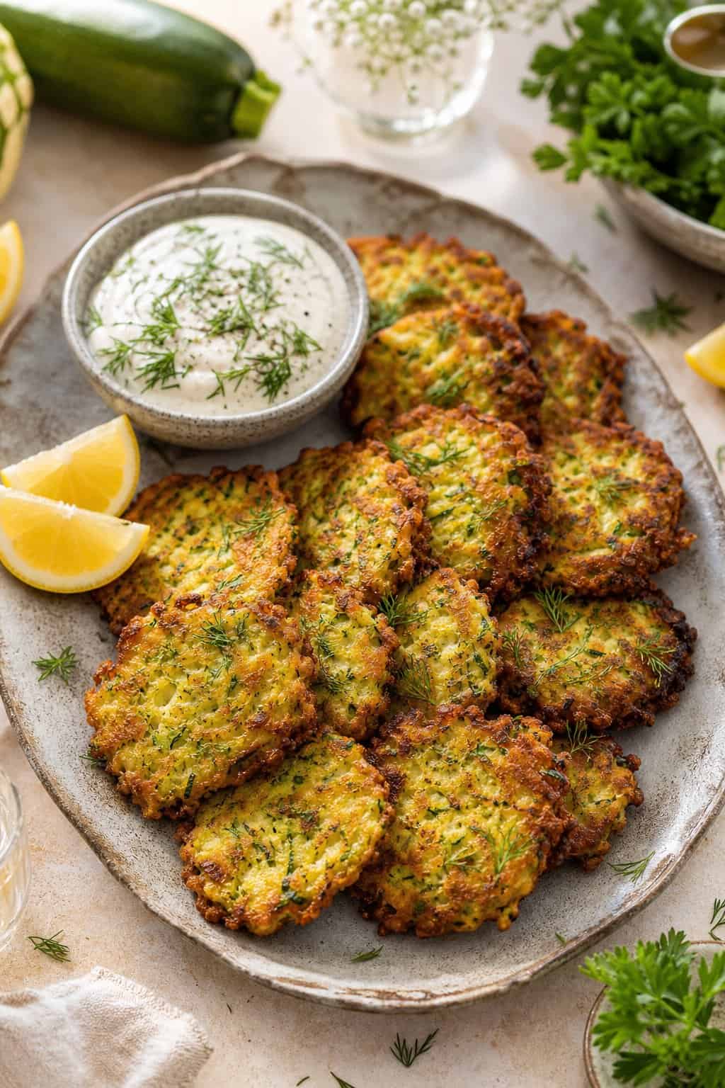 Golden vegan zucchini fritters served with creamy dipping sauce, lemon wedges, and fresh herbs.