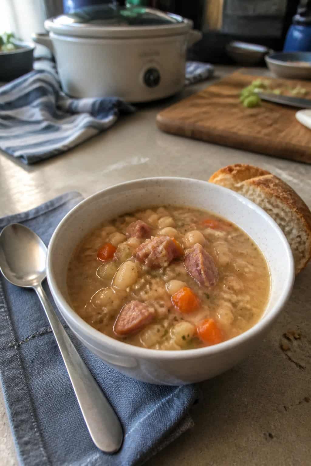 A bowl of ham and white bean soup with vegetables sits on a kitchen table beside bread and a spoon.