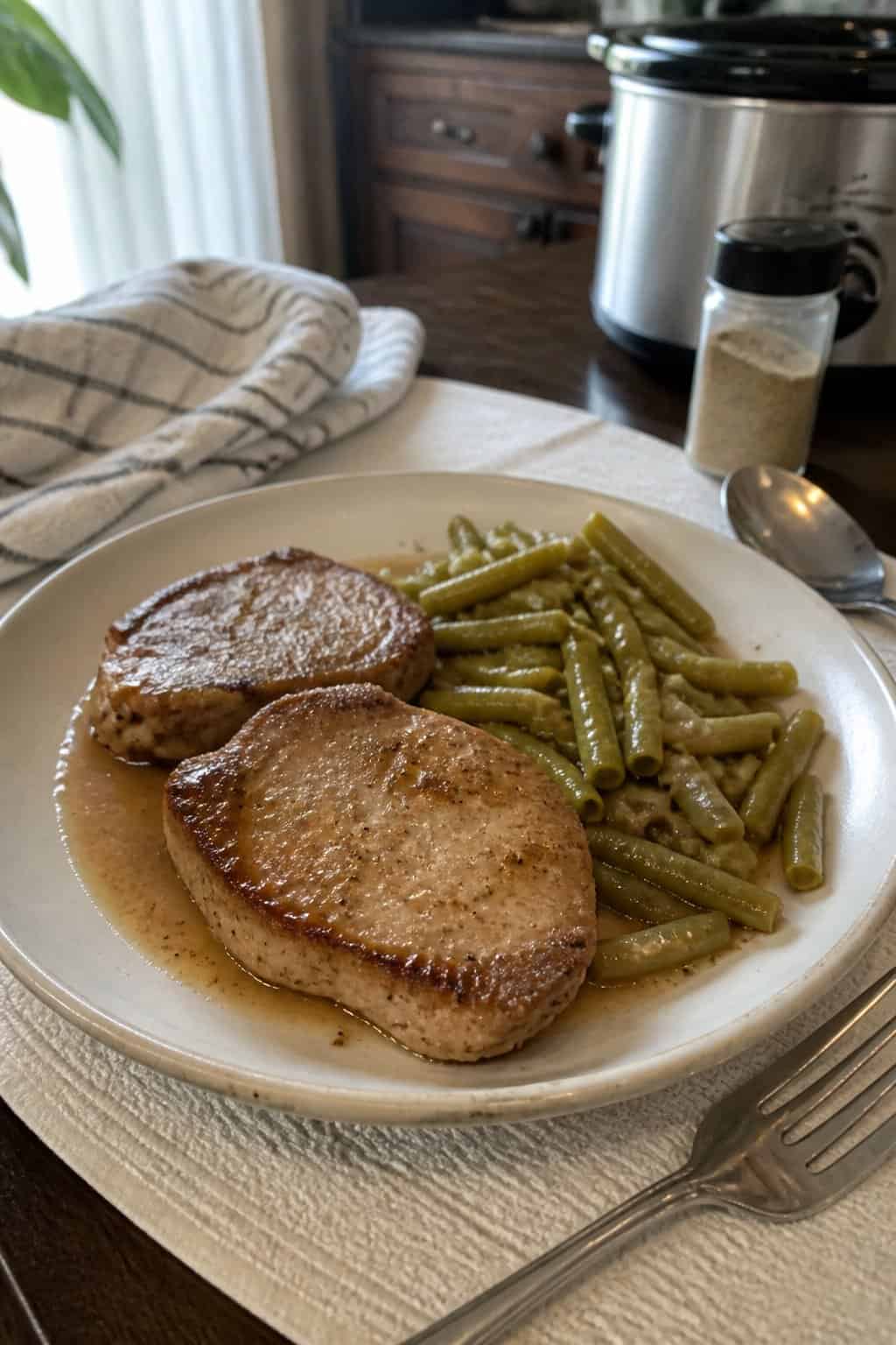 A plate of browned pork chops with green beans on a kitchen table.