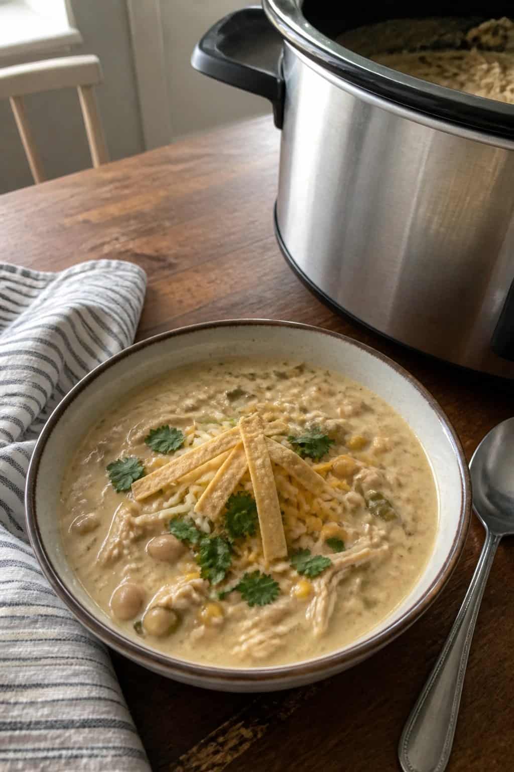 A bowl of creamy white chicken chili with beans, corn, chicken, and simple toppings sits on a kitchen table beside a slow cooker.