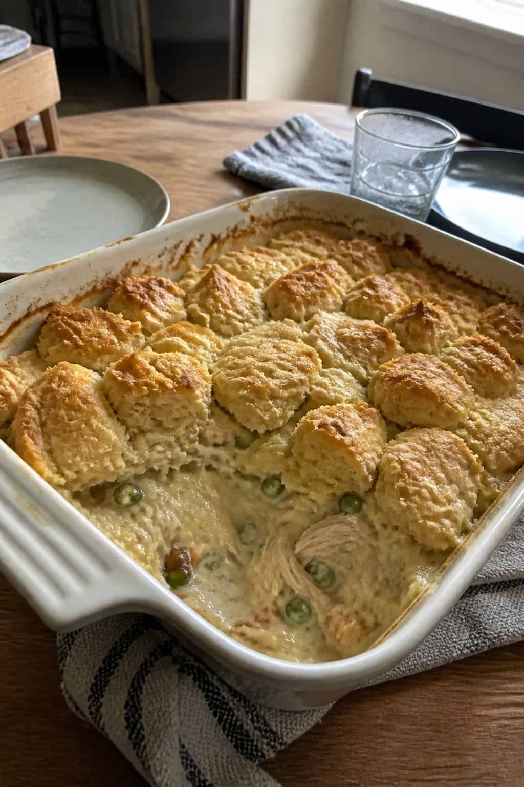 A partially served chicken pot pie casserole with a golden topping sits in a baking dish on a kitchen table.