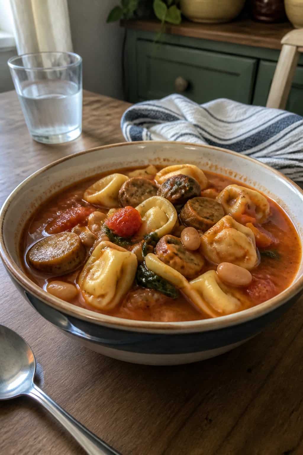 A bowl of sausage and tortellini soup sits on a kitchen table beside a spoon and glass.