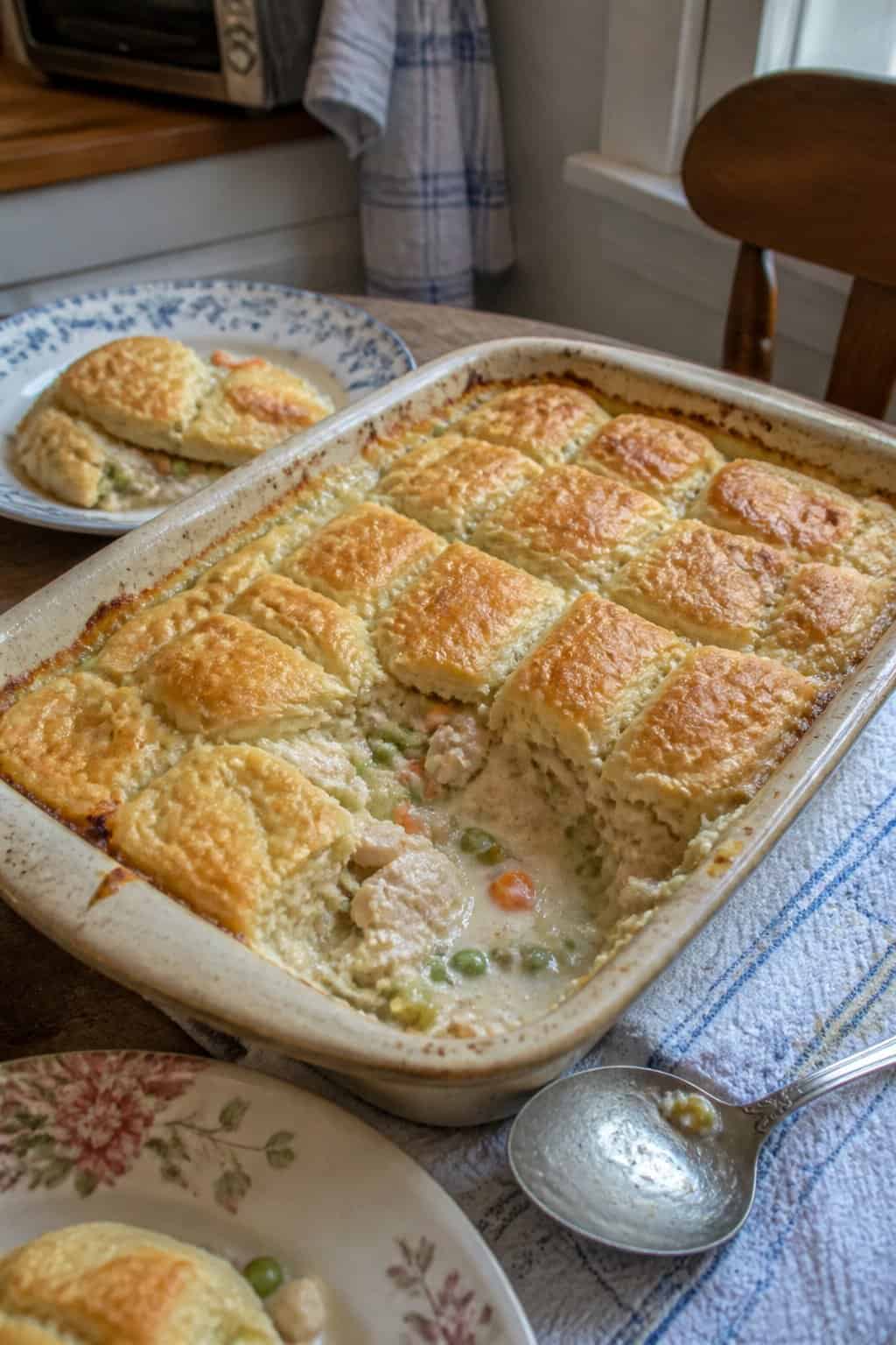 A homemade chicken pot pie casserole with a golden crust sits in a baking dish on a kitchen table.