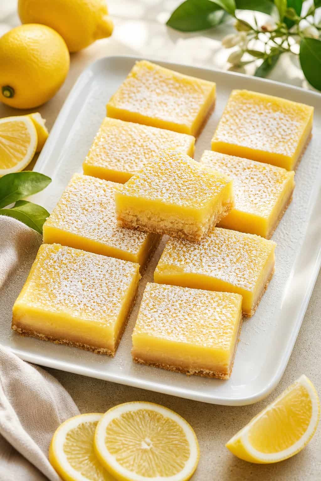 A platter of powdered-sugar-dusted lemon bars with lemon slices on a light table.