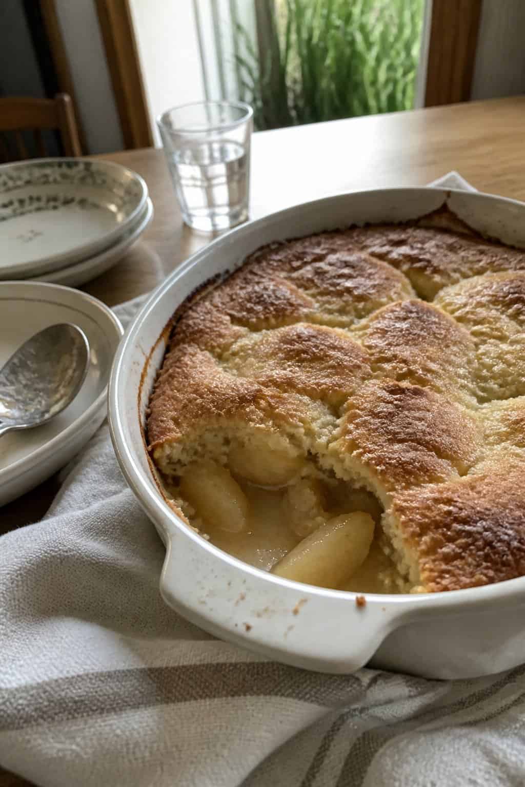 A rustic pear cobbler in a ceramic baking dish with one serving removed, sitting on a kitchen table.