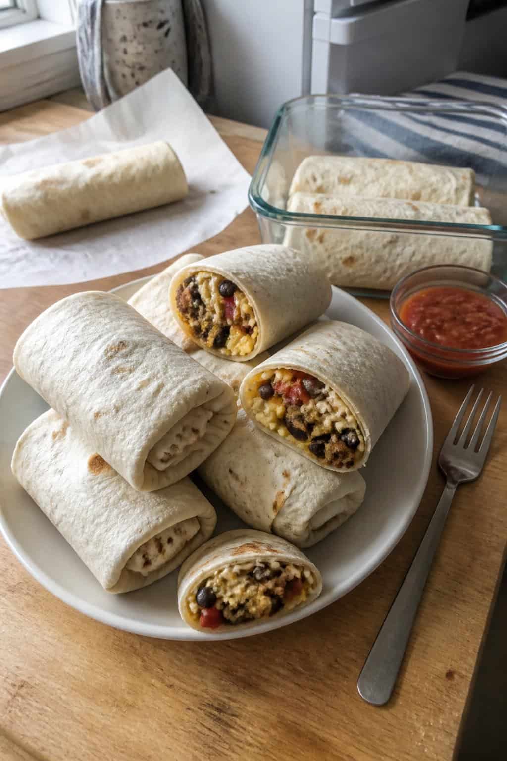 Several homemade breakfast burritos are arranged on a plate and kitchen counter with salsa nearby.