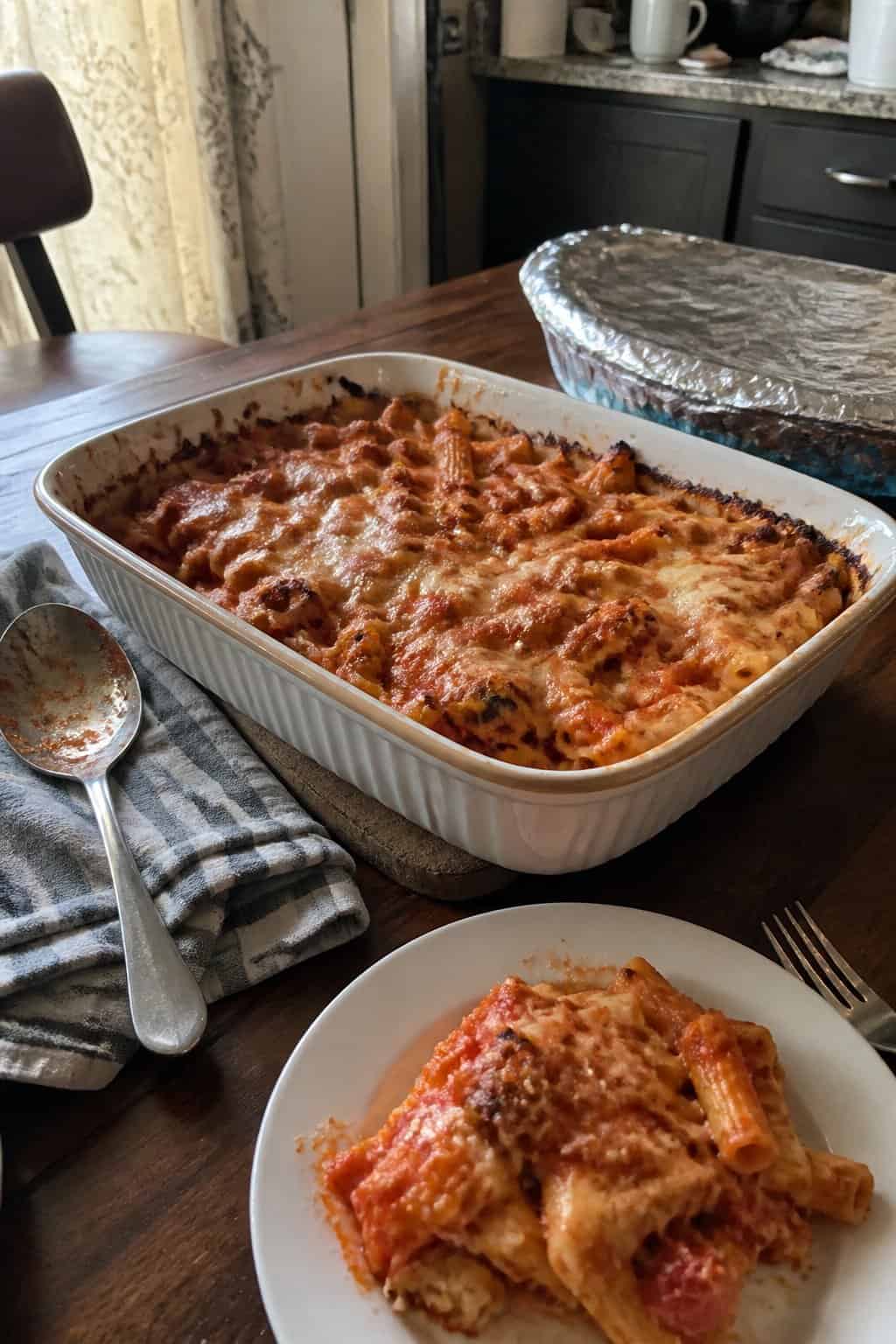 A homemade dish of cheesy baked ziti sits on a kitchen table beside a serving spoon and a plated portion.