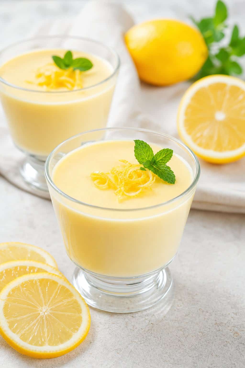 Small glass cups of pale-yellow lemon posset garnished with lemon zest and mint, surrounded by fresh lemons.
