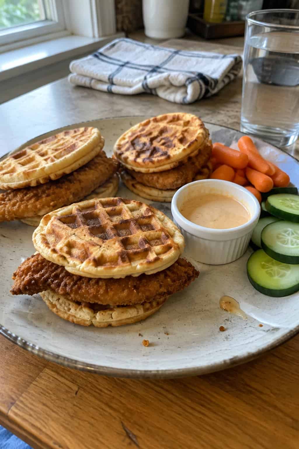 A plate of crispy chicken tenders tucked into toasted waffles with dipping sauce and simple vegetable sides.