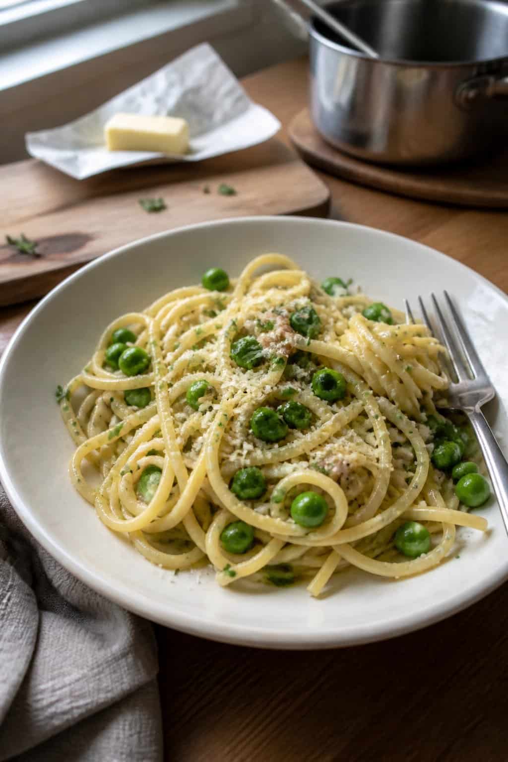 17 Pasta Dinners That Feel Fancy But Use Pantry Staples 18 A bowl of garlic butter pasta with bright green peas, grated Parmesan, and chopped parsley on top