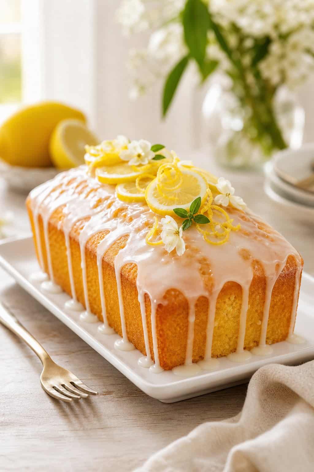 Glazed lemon pound cake on a serving platter with lemon slices and zest.