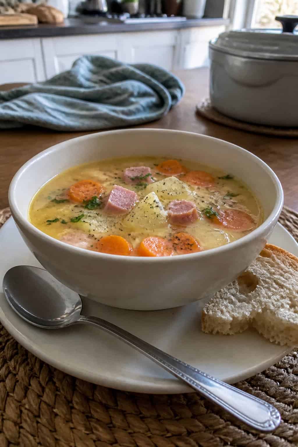 Ham Soup Recipes for Chilly Nights 14 A bowl of ham, carrot, and potato soup with bread on a kitchen table.