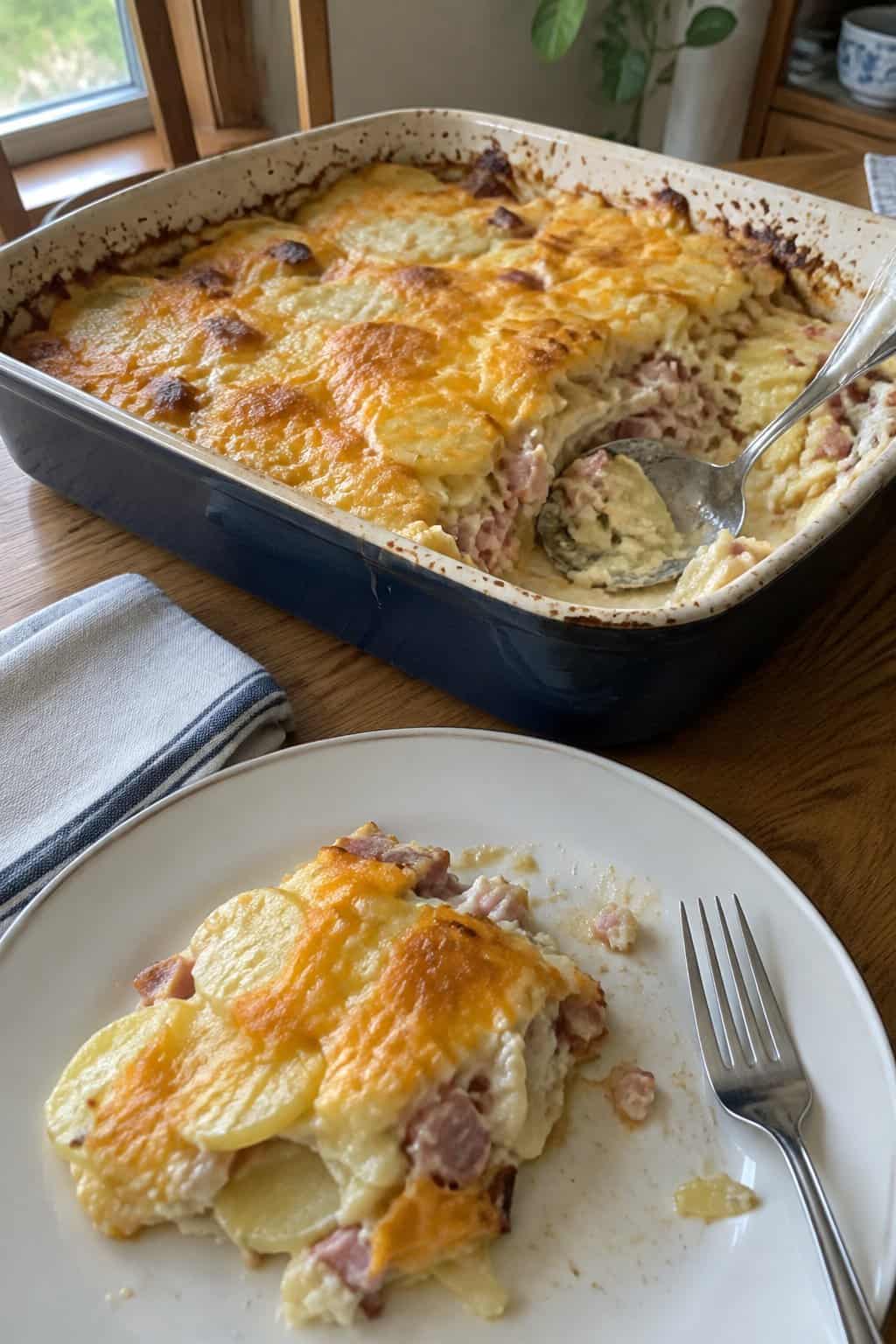 A homemade ham and cheese scalloped potato casserole in a baking dish with a serving on a nearby plate.