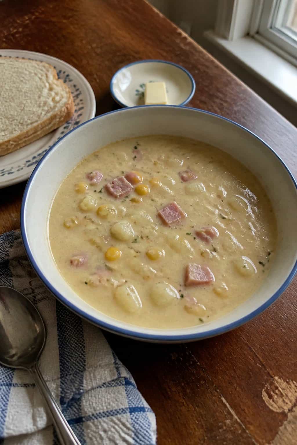 Ham Soup Recipes for Chilly Nights 7 A bowl of creamy ham and corn chowder sits on a kitchen table beside a spoon and napkin.