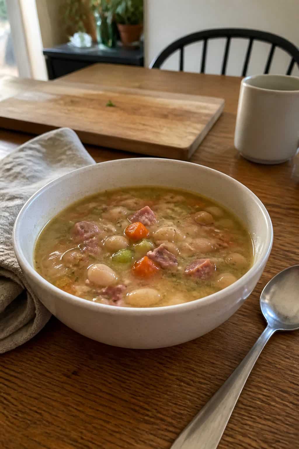 Ham Soup Recipes for Chilly Nights 13 A bowl of ham and navy bean soup with beans, vegetables, and pieces of ham on a kitchen table.