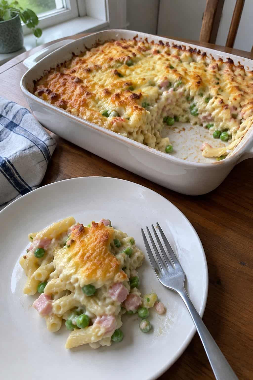 A cheesy pasta casserole with ham and peas, with one serving on a plate.