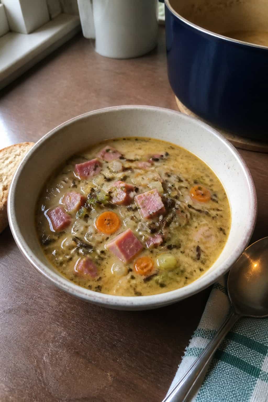 Ham Soup Recipes for Chilly Nights 11 A bowl of ham and wild rice soup with vegetables sits on a kitchen table beside a spoon and bread.