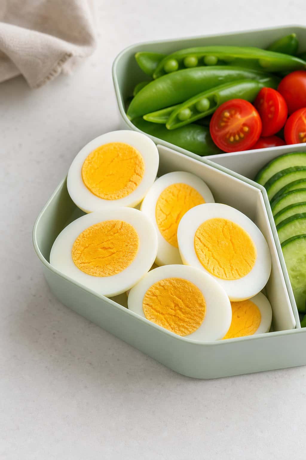 16 Easy Lunchbox Sides Kids Will Eat 17 Halved hard-boiled eggs arranged in a lunchbox with fresh vegetables.