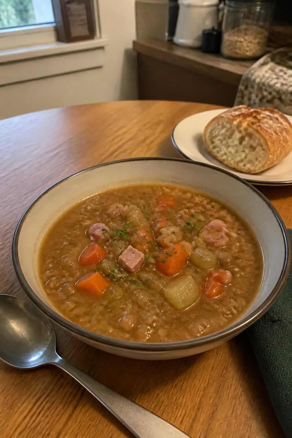 Ham Soup Recipes for Chilly Nights 8 A bowl of ham and lentil soup with vegetables sits on a kitchen table beside bread and a spoon.
