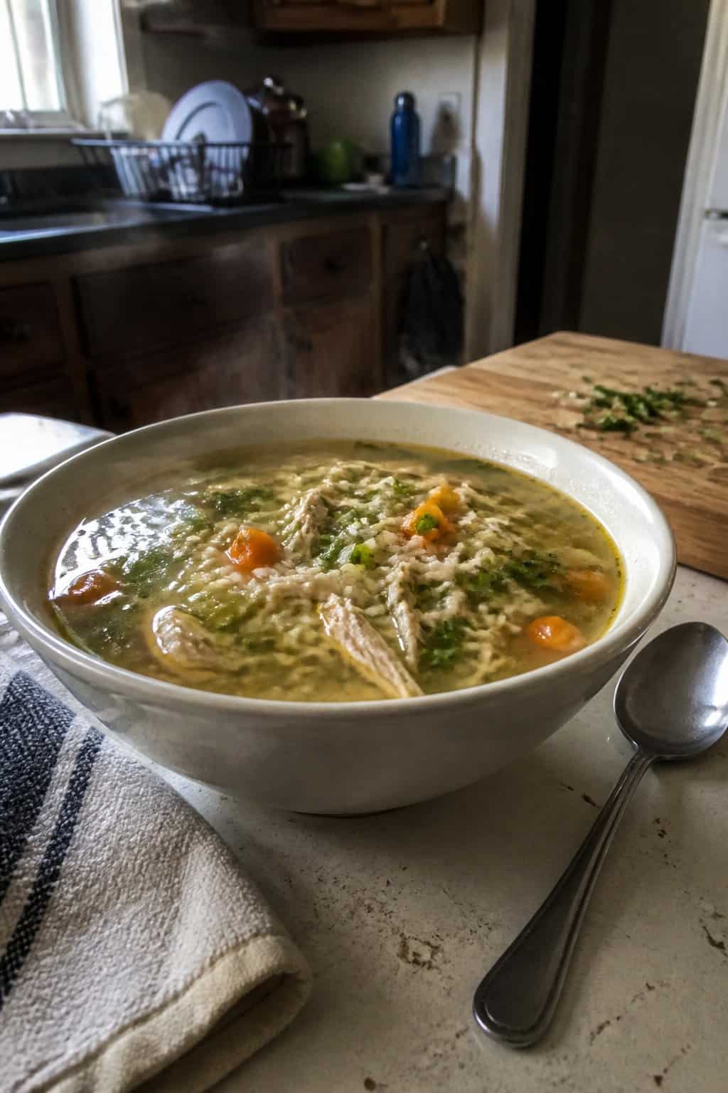 25 Turkey Soup Recipes That Make the Whole House Smell Amazing 17 A bowl of turkey and rice soup with vegetables and fresh herbs on a kitchen table.