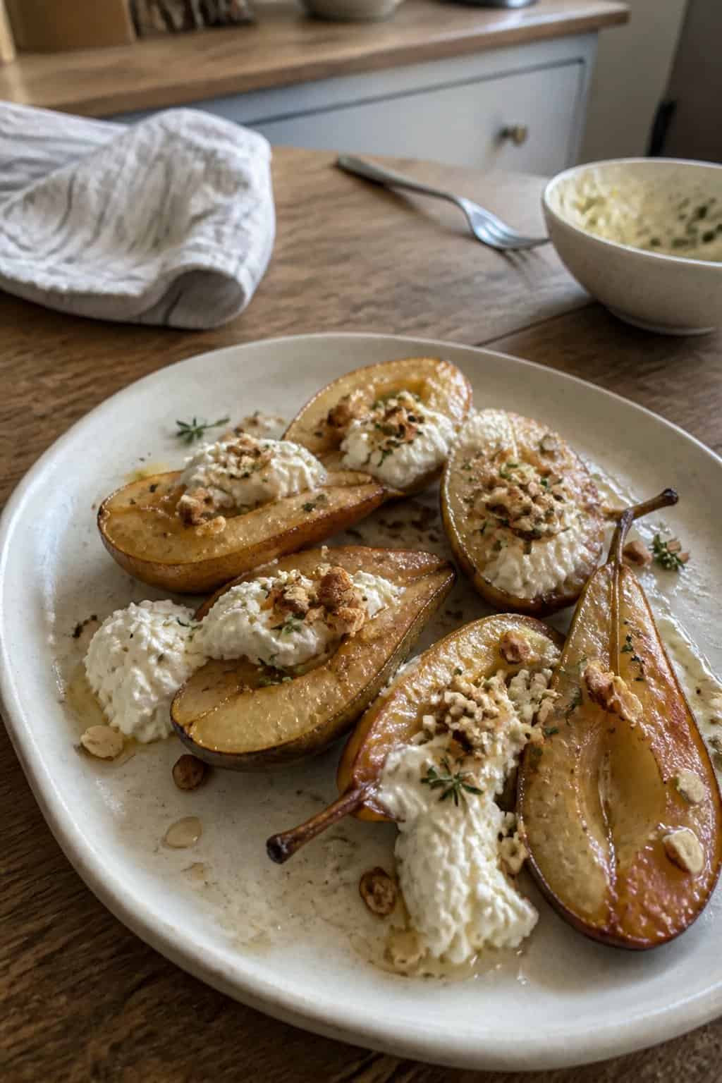 Golden roasted pear halves with dollops of mascarpone on a ceramic plate.