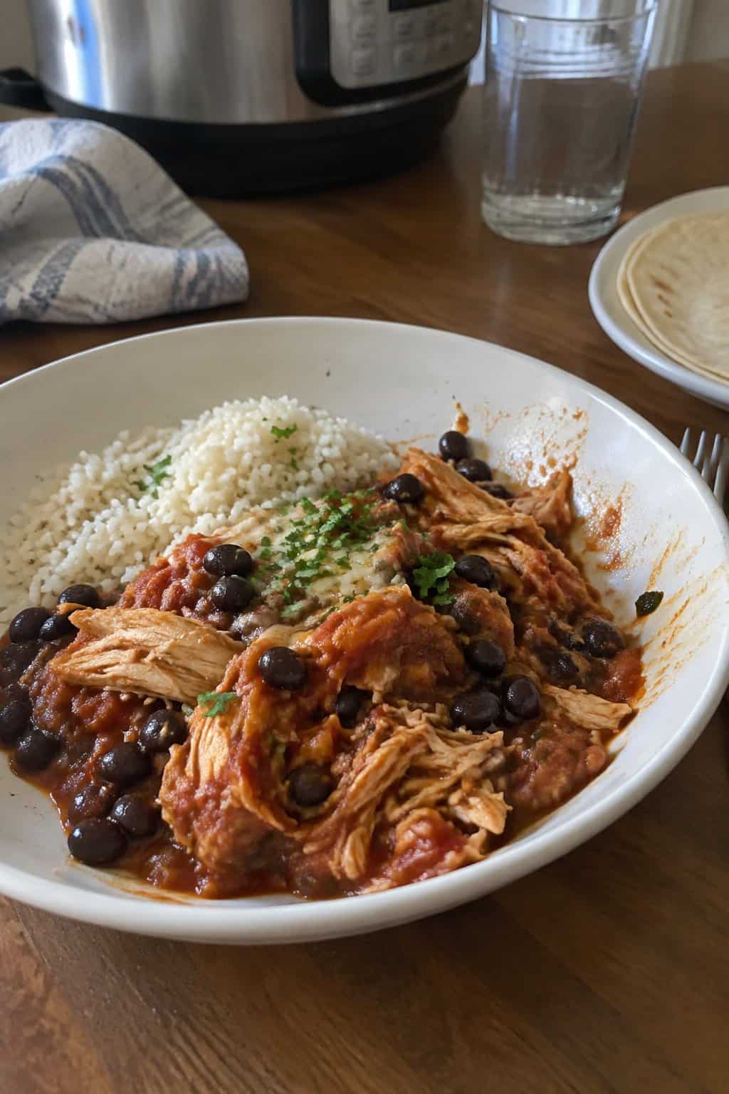 A bowl of shredded salsa chicken and black beans sits on a kitchen table beside a fork and glass.