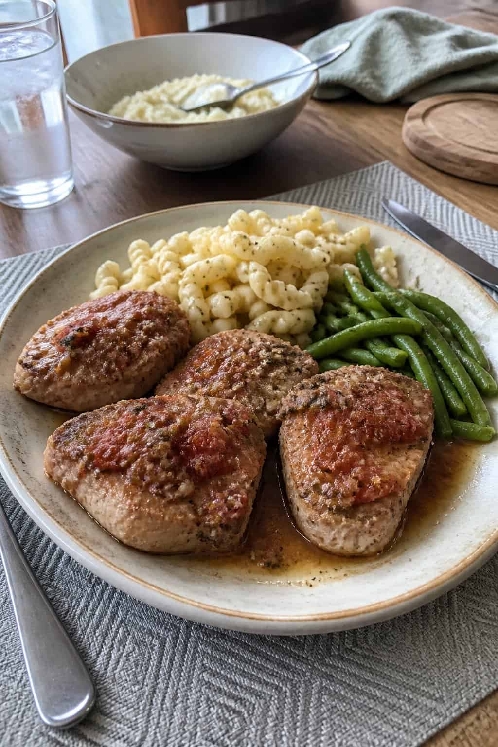 Crockpot Boneless Pork Chop Recipes for Hungry Families 8 A plate of saucy Italian-style pork chops with pasta and green beans on a home dining table.