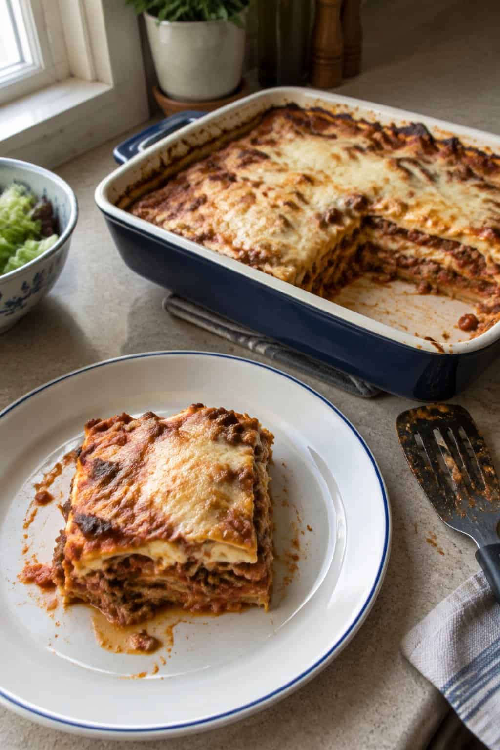 A homemade slice of lasagna with ground beef and melted mozzarella served beside a baking dish in a home kitchen.