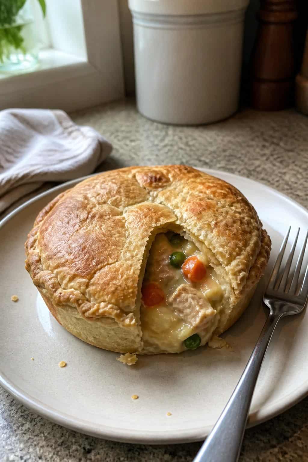 17 Budget Dinners That Use What You Already Bought 7 A homemade chicken pot pie with a golden, flaky crust on a plate.