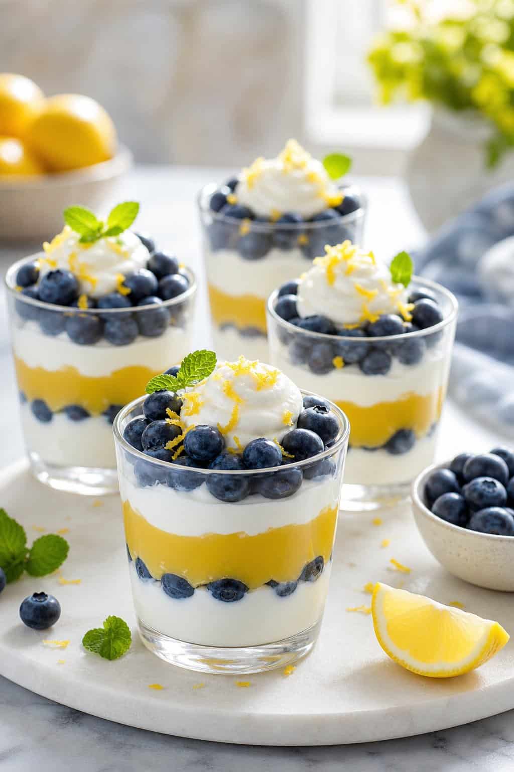 Glass parfait cups layered with lemon yogurt, lemon curd, and blueberries on a bright tabletop.