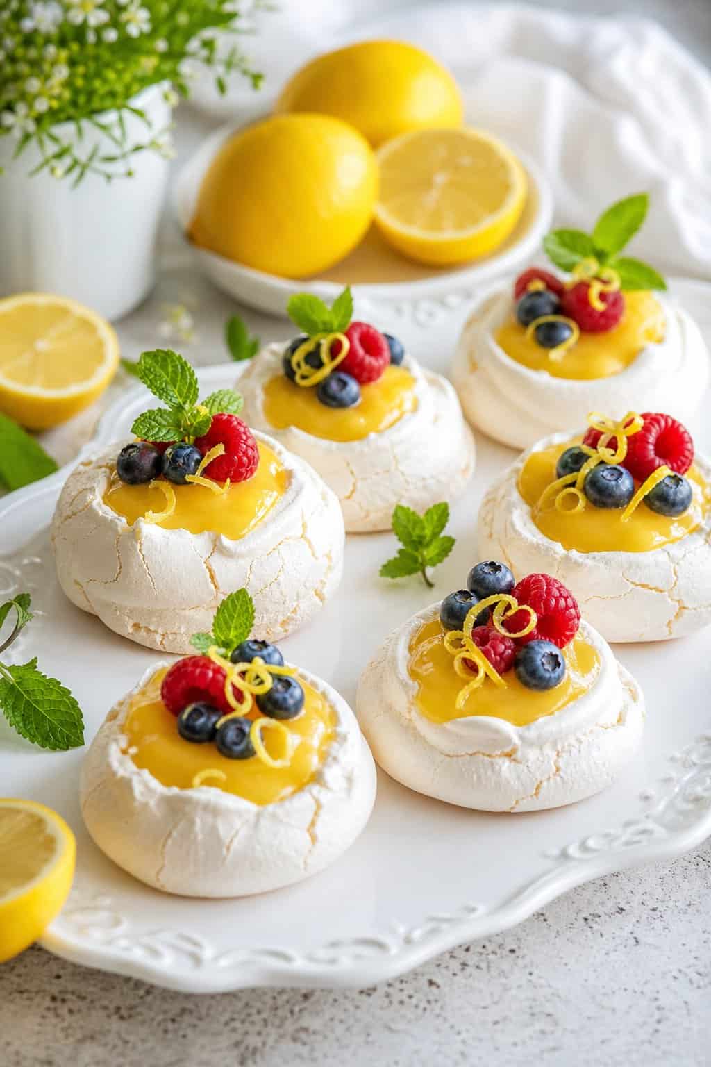 Lemon curd pavlova nests topped with lemon zest, berries, and mint on a white serving platter.