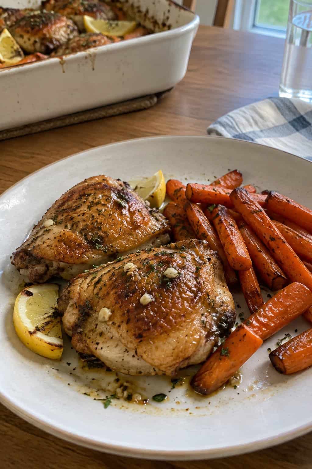 Golden chicken thighs with roasted carrots and lemon wedges on a plate.