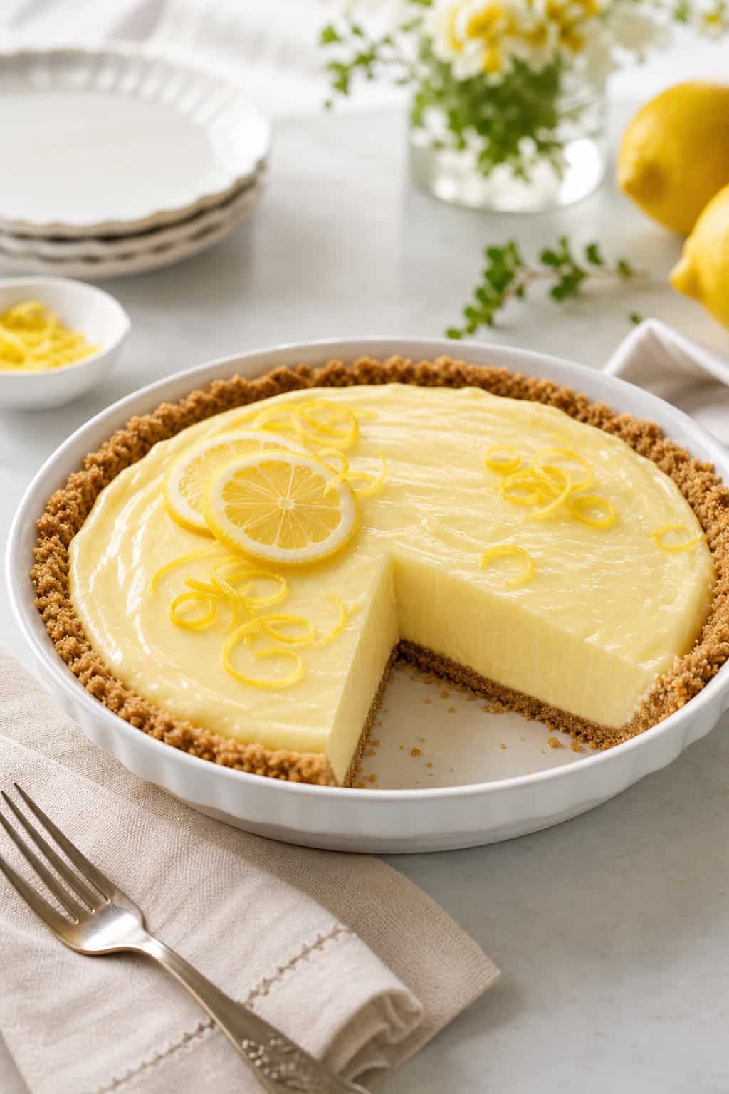 A chilled lemon icebox pie with a golden graham cracker crust and a slice removed, garnished with lemon slices and zest.
