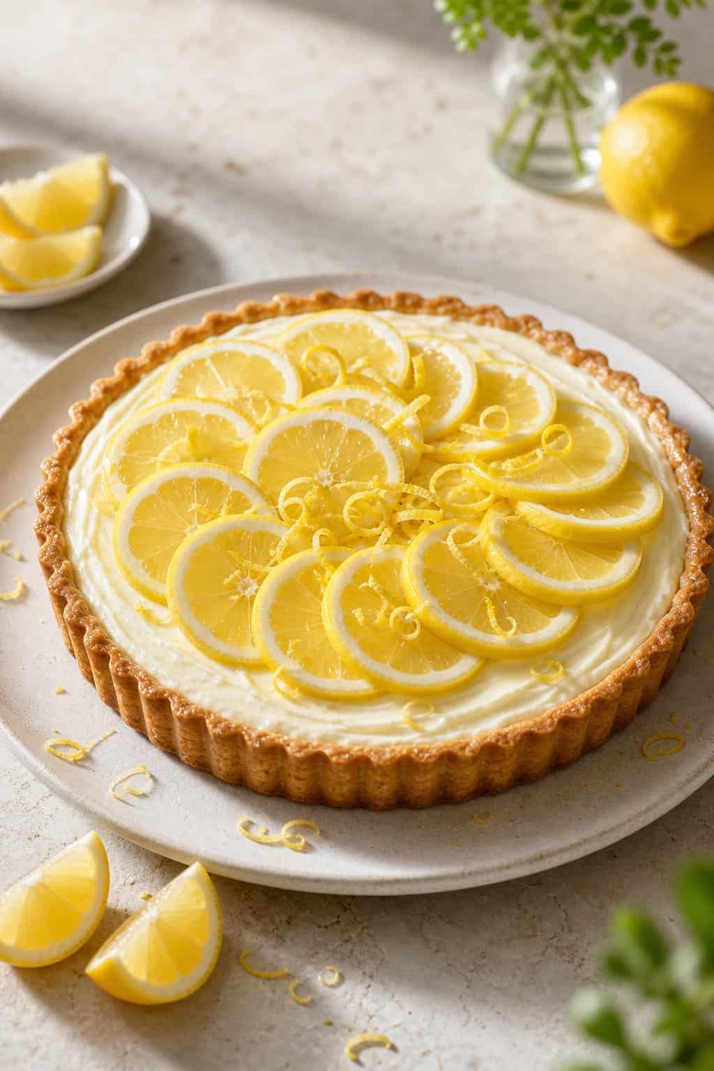 A lemon mascarpone tart with a golden crust, creamy filling, lemon slices, and zest on a serving plate.