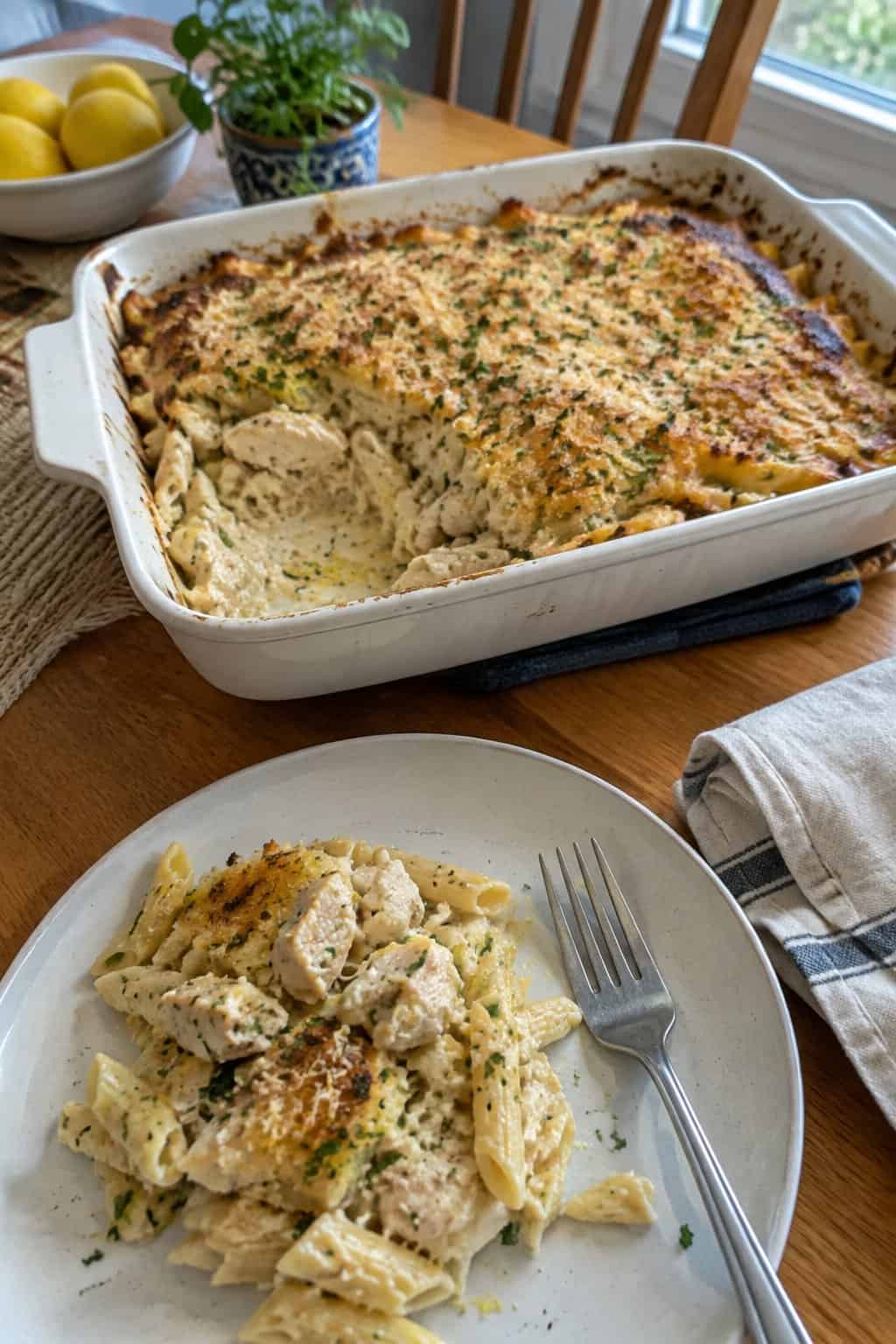 A serving of creamy chicken pasta casserole with a golden Parmesan topping.