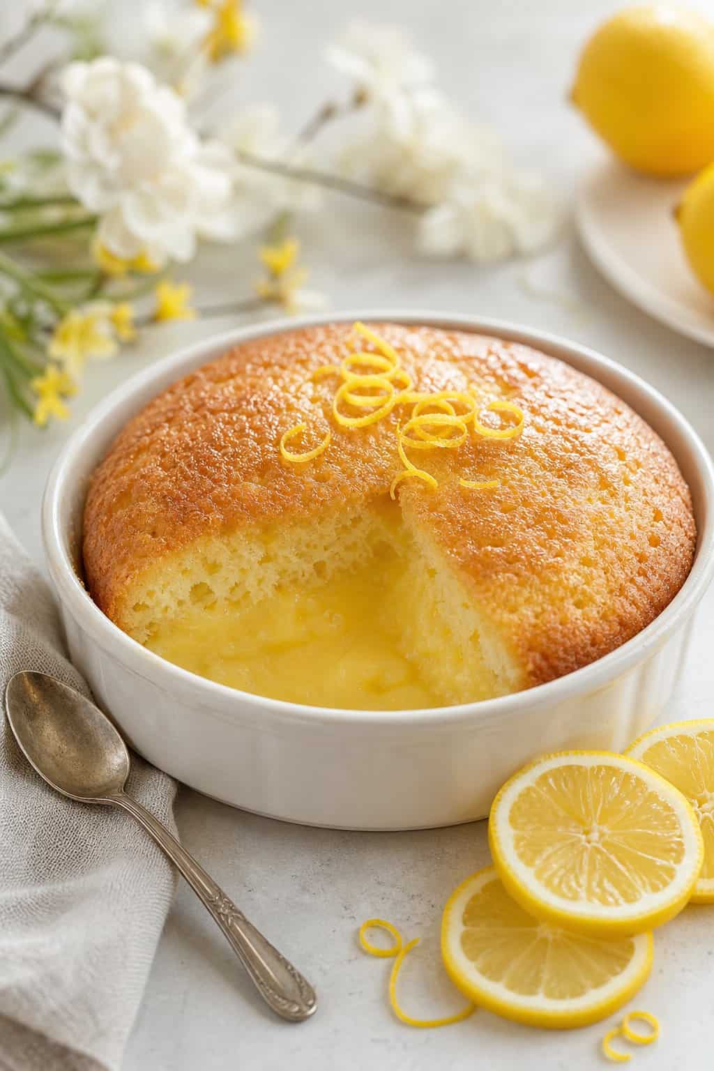A golden lemon pudding cake in a white baking dish with lemon slices and zest on a bright tabletop.