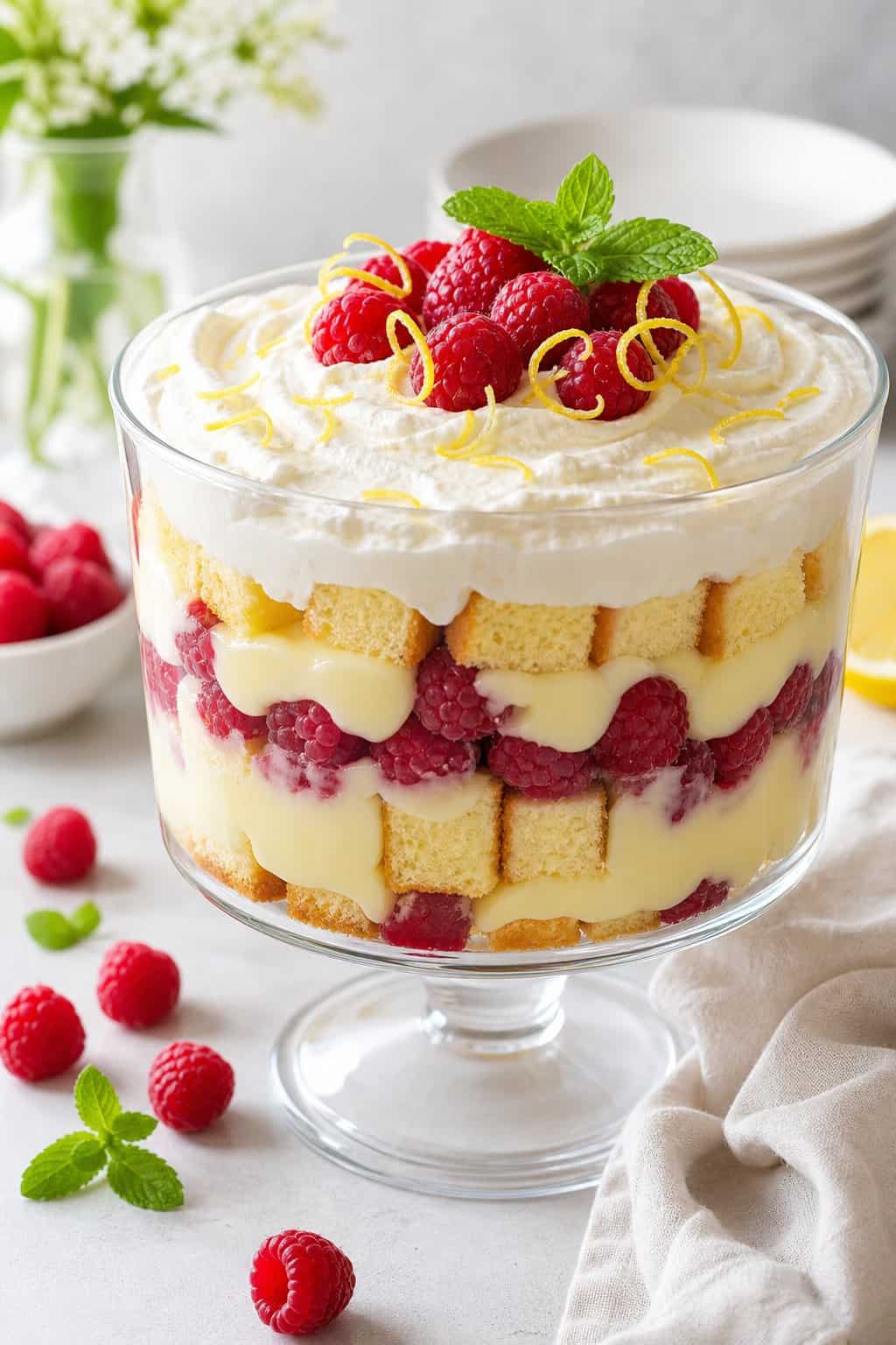 A layered lemon and raspberry trifle topped with whipped cream, raspberries, lemon zest, and mint in a clear glass dish.